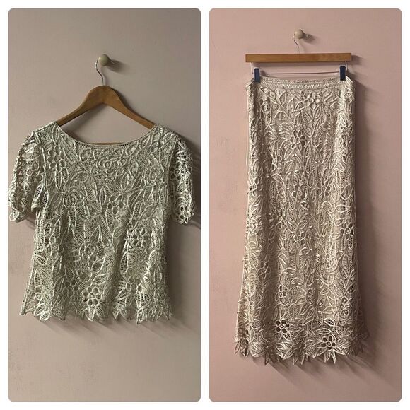 Vintage Silken Poetry Beige Silk Hand Crocheted Beaded Top & Skirt Set Sz M EUC - Picture 2 of 13